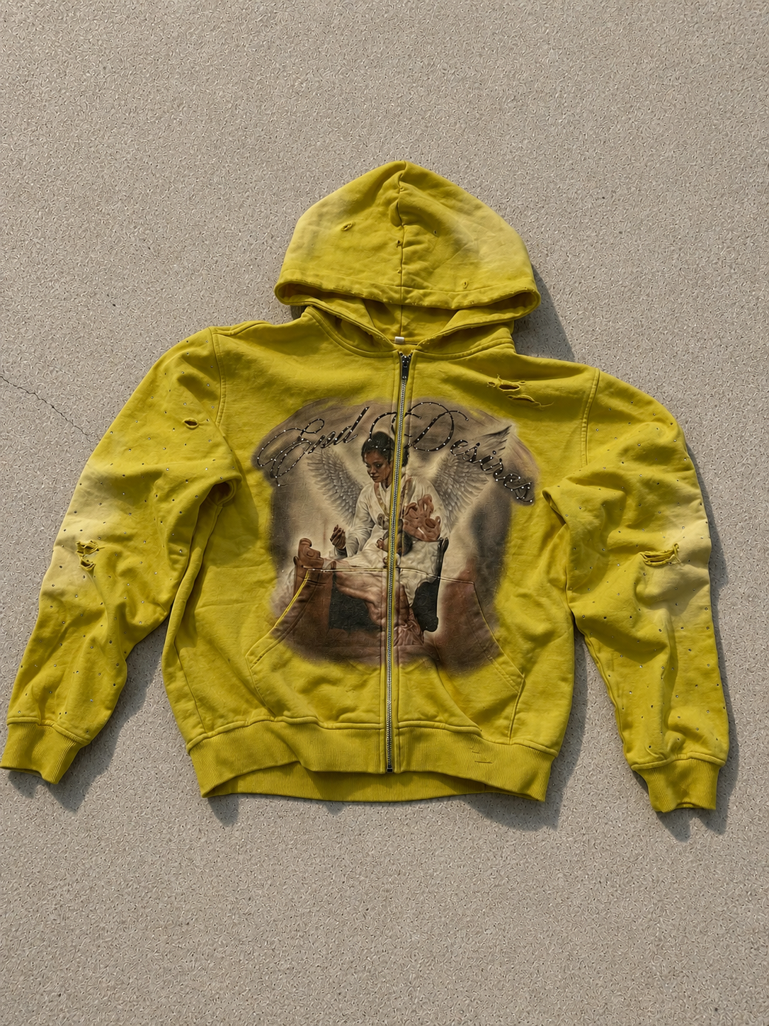 YELLOW ANGEL RHINESTONE ZIP HOODIE