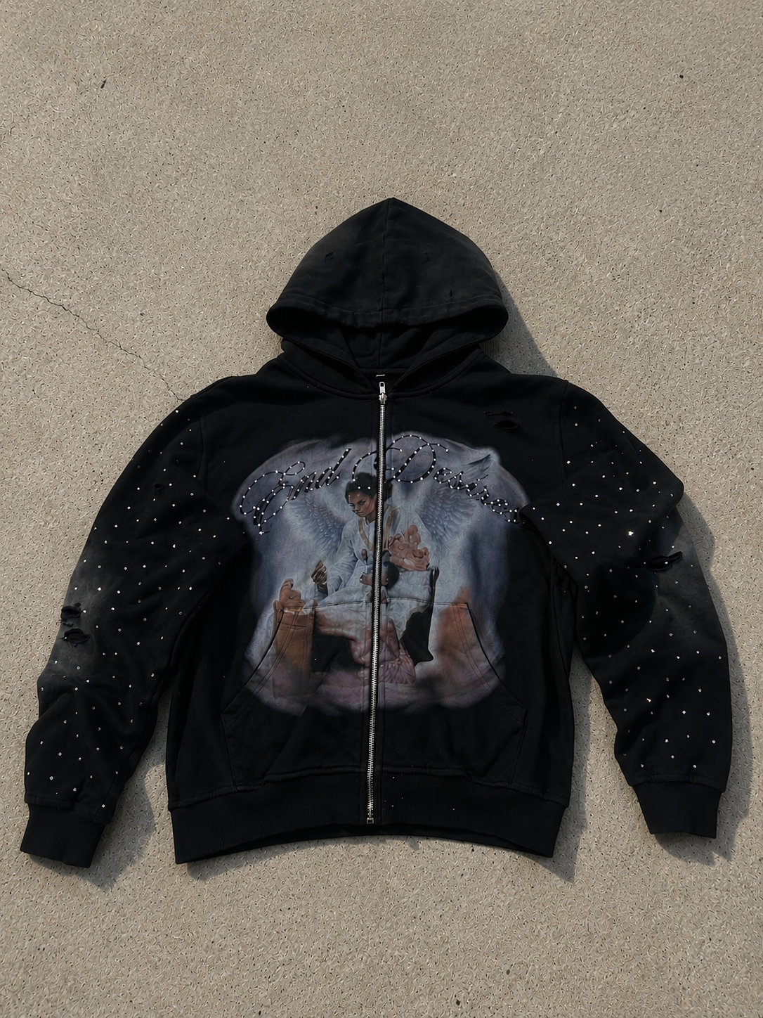 Black ANGEL RHINESTONE ZIP HOODIE